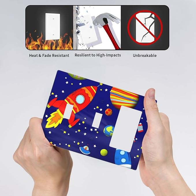 Space Astronaut Combo 2 Toggle 1 Rocker Light Switch Wall Plate Cover Decorative 3-Gang for Electrical Outlets Boys Kids Room Bathroom Bedroom Home Kitchen One Decora Receptacle 4.5" x 6.38"