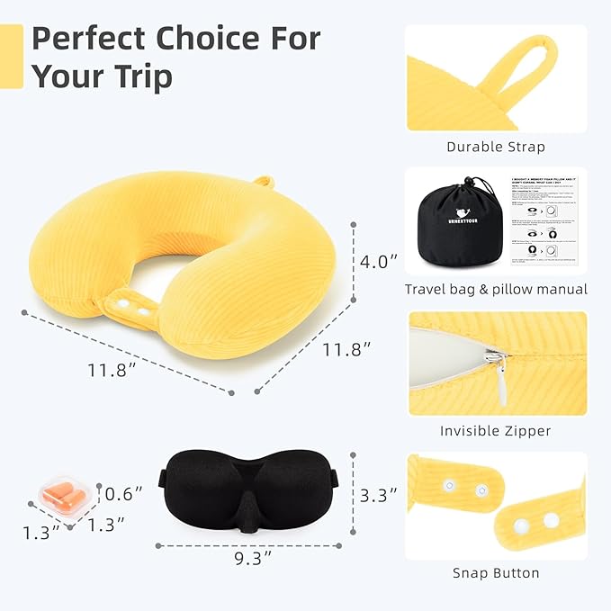 Travel Pillow, Neck Pillow Airplane Memory Foam with Sleep Mask Earplugs, Soft & Support Fleece Airplane Pillow for Travelling Plane Car Train Home Use, Yellow