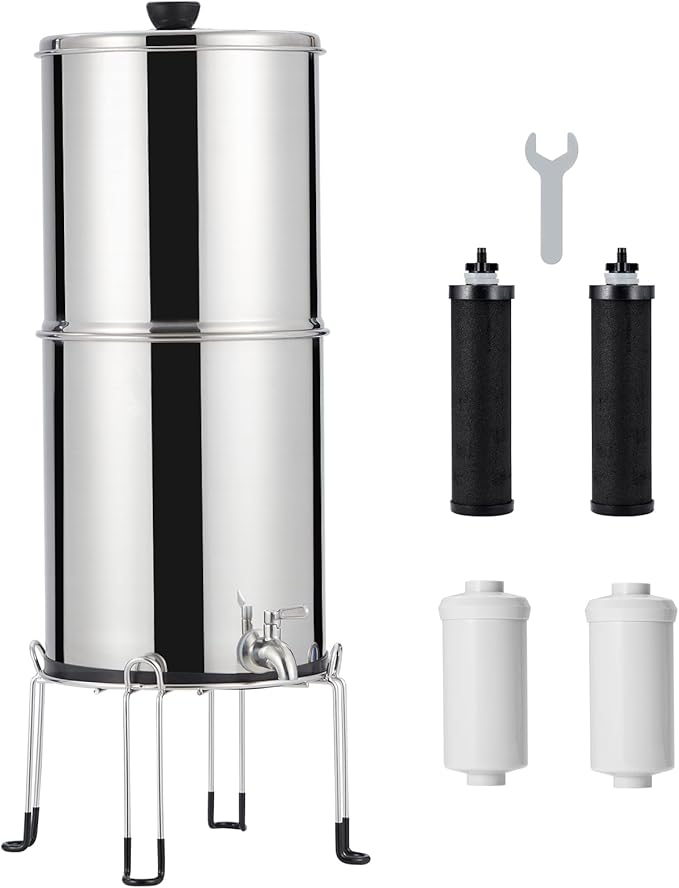 Stainless Steel Gravity Fed Water Filter System, 2.25G Capacity, Includes 2 Filters and Stand, Ideal for Home, Camping, RV, Fishing, Reduces 99% Chlorine