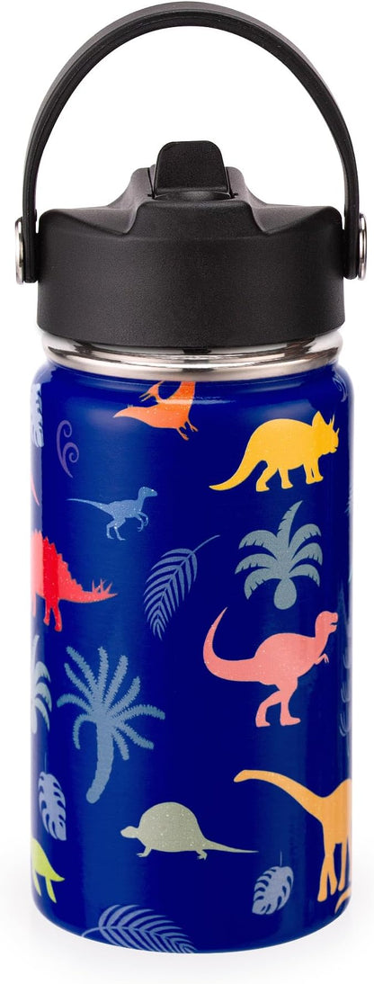 12oz Kids Insulated Water Bottle with Flip Straw & Big Handle, Jungle Dinosaurs, Double Wall 18/8 Stainless Steel, Leakproof Gift for Kids Boys Girls to School Travel Sports, Hands Wash Only, Blue