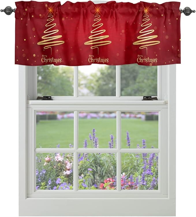 Vandarllin Christmas Tree Kitchen Curtains Valances for Windows Merry Xmas Red Rod Pocket Window Treatment for Kitchen/Living Room/Bedroom/Bathroom,60" X 18" -1 Panel, Winter Holiday Decor