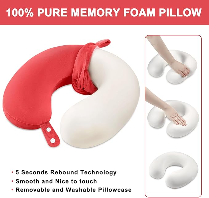 Travel Neck Pillow Airplane, Soft Memory Foam Support Head Neck Chin, with Removale Cover and Adjustable Snap Button, Comfortable Sleeping in Plane Car Train Traveling Office Home, Red