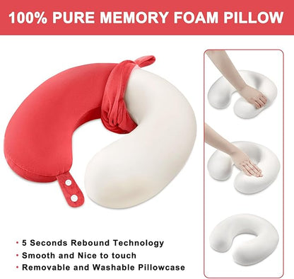 Travel Neck Pillow Airplane, Soft Memory Foam Support Head Neck Chin, with Removale Cover and Adjustable Snap Button, Comfortable Sleeping in Plane Car Train Traveling Office Home, Red