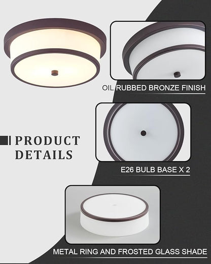 12 inch Flush Mount Ceiling Light, 2-Light Close to Ceiling Light Fixtures with Oil Rubbed Bronze Finish for Bathroom Bedroom Kitchen Hallway (Oil Rubbed Bronze)