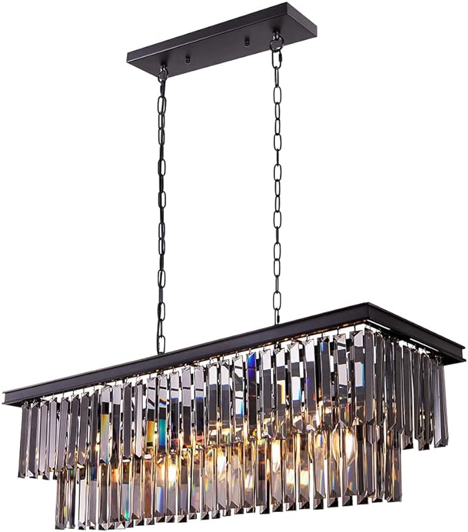 Wellmet Black Crystal Chandelier, 9-Light Modern Farmhouse Chandeliers Dining Room Lighting Fixture, Adjustable Retangle Hanging Ceiling Light for Living Room,Pool Table Light, Kitchen Island