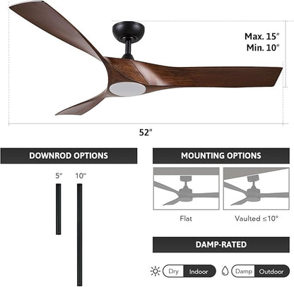 VONLUCE Ceiling Fan with Light and Remote Control, 52 Inch Modern Fan with 3 Blades Noiseless DC Motor for Bedroom, Living Room, Kitchen, Study, Walnut