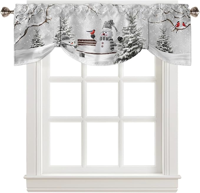 Winter Christmas Blackout Tie Up Valance Curtains for Kitchen Windows Cute Snowman Cardinals Window Toppers Balloon Shades for Living Room/Bathroom/Bedroom,1 Panel, 42" X 12", GreySnowy Pine Forest