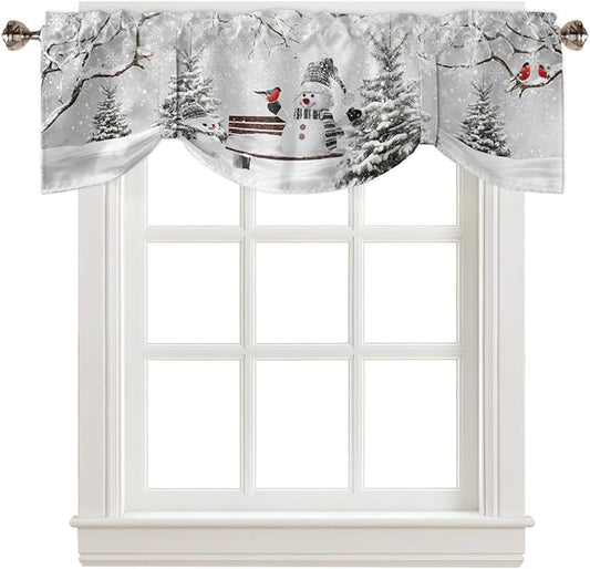 Winter Christmas Blackout Tie Up Valance Curtains for Kitchen Windows Cute Snowman Cardinals Window Toppers Balloon Shades for Living Room/Bathroom/Bedroom,1 Panel, 42" X 12", GreySnowy Pine Forest