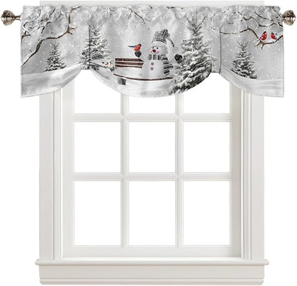 Winter Christmas Blackout Tie Up Valance Curtains for Kitchen Windows Cute Snowman Cardinals Window Toppers Balloon Shades for Living Room/Bathroom/Bedroom,1 Panel, 54" X 18", GreySnowy Pine Forest