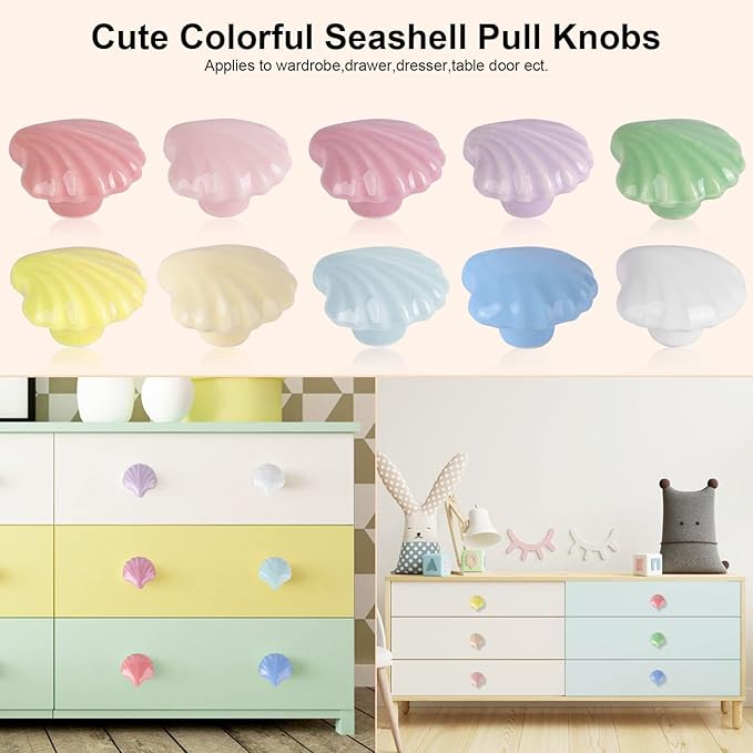 10x Colorful Cute Glossy Ceramic Knobs Seashell Shape Lovely Door Pull Knob Cabinet Closet Ceramic Drawer Cupboard Kitchen Dresser Kids Child Bedroom Pulls Wardrobe Handles