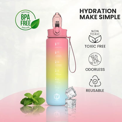 1L Water Bottle with Straw - Leak-Proof & BPA Free Reusable Sports Bottle - Motivational Time Markings for Hydration Durable Drink Bottle for Gym, Sports, Outdoor (Pink Yellow and Blue)