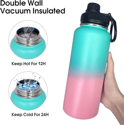 1pack 32 oz Insulated Water Bottle With Straw, Stainless Steel Sports Water Cup Flask with 2 Lids, Wide Mouth Travel Thermal Mug,Pink gradient