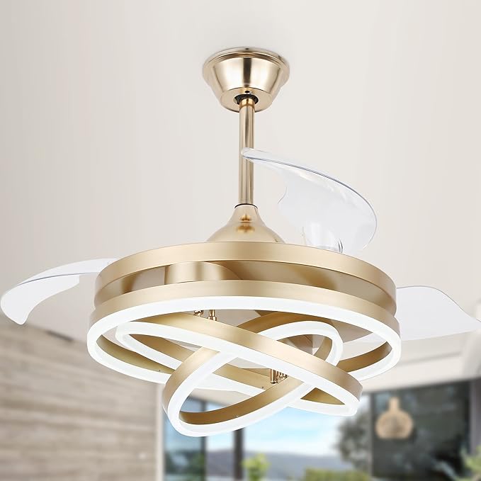 42" Retractable Gold Ceiling Fan with Lights & Remote - Silent DC Motor Modern Ceiling Fan - 6 Speed LED Fan for Bedroom Living Room Kitchen