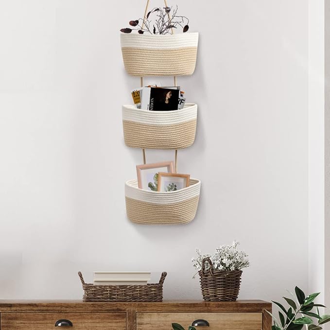 TeoKJ Over the Door Hanging Basket, 3-Tier Woven Cotton Wall-Mounted Storage Organizer Bag Decorative Hanging Kitchen Baskets - White + Jute