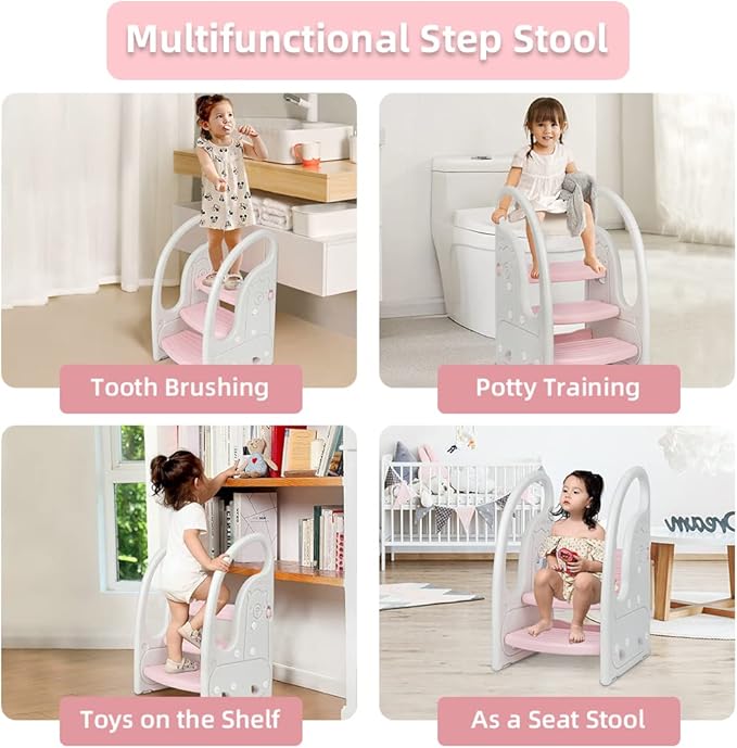 Toddler Step Stool Chair Onasti Kids 3 Step Standing Tower for Toddlers Plastic Learning Helper Stool for Kitchen Counter Bathroom Sink Toilet Potty Training with Handles and Non-Slip Pads-Pink White