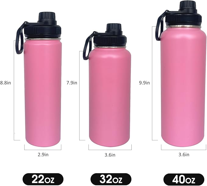 1pack 40 oz Insulated Water Bottle With Straw, Stainless Steel Sports Water Cup Flask with 2 Lids, Wide Mouth Travel Thermal Mug,Pink