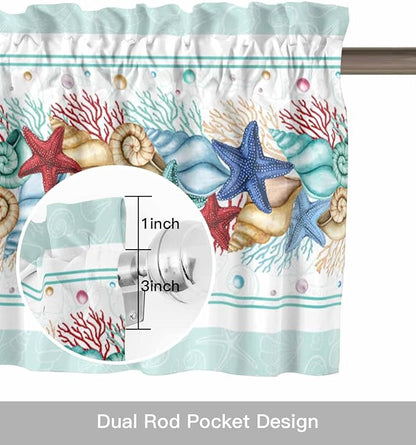 Vandarllin Coastal Beach Kitchen Curtains Valances for Windows Nautical Ocean Seashell Coral Starfish Rod Pocket Window Treatment for Kitchen/Living Room/Bedroom/Bathroom, 42" X 18", Aqua Blue Summer