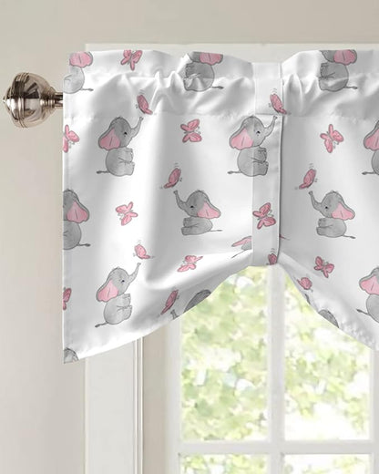 Tie Up Valance for Kitchen Living Room Farmhouse - Cute Girly Pink Baby Elephant and Butterfly Rod Pocket Adjustable Tie-up Shade Valance for Small Window, Balloon Drape Valance 42x12 inches