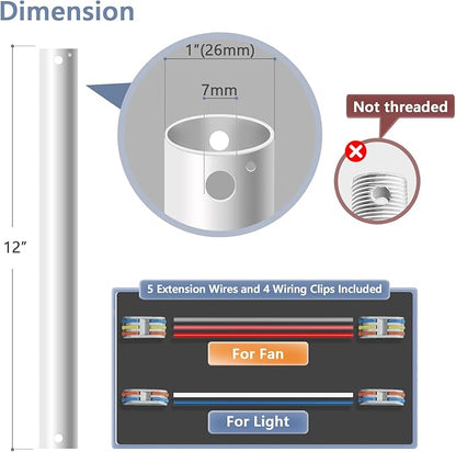 12" Ceiling Fan Downrod, 【1 Outside Diameter】 Matte White Extended Downrod, including 4 Wire Connectors and 5 Extension Wires (No Threads)