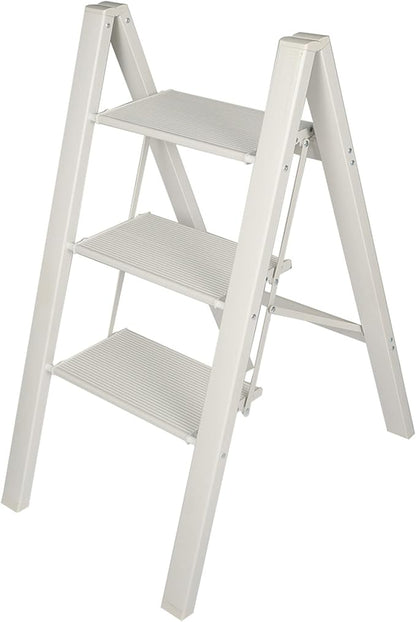 3 Step Ladder, Aluminum Folding Step Stool with Anti-Slip and Wide Pedal, for Library, Kitchen, Office, 330 lbs Capacity, White