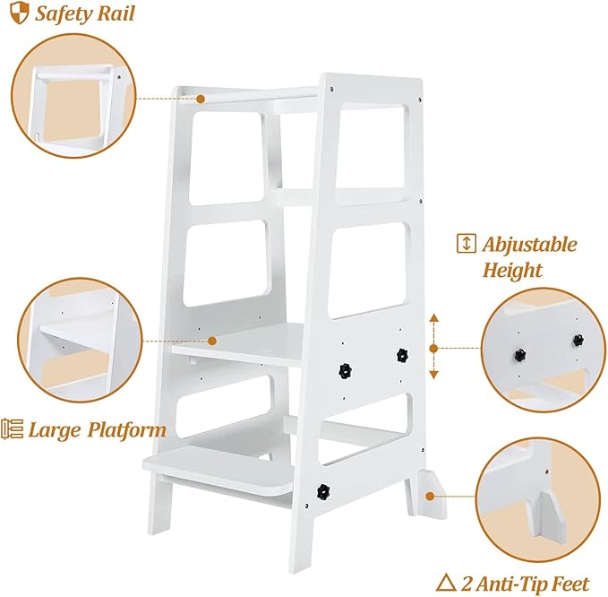 Toddler Step Stool Toddler Kitchen Stool, Adjustable-Height Toddler Tower Stool Kitchen Wooden Helper Step Stools for Kids, White