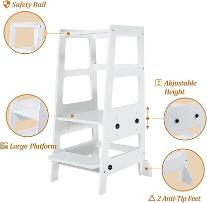 Toddler Step Stool Toddler Kitchen Stool, Adjustable-Height Toddler Tower Stool Kitchen Wooden Helper Step Stools for Kids, White