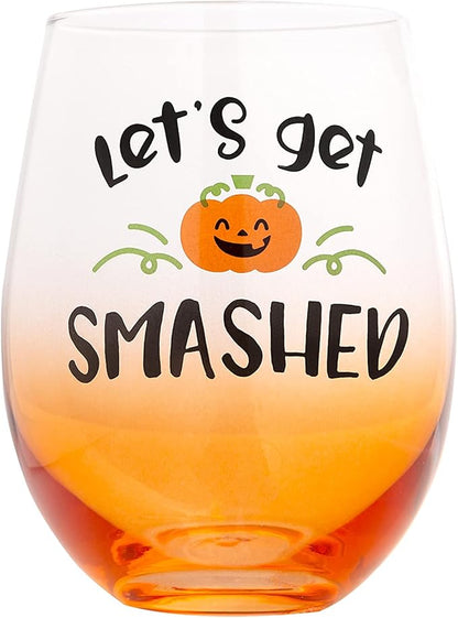 Pearhead Let's Get Smashed Stemless Wine Glass, Gradient Orange, Fall Holiday Home Decor Gifts, Halloween Stemless Wine Glass, 15 oz