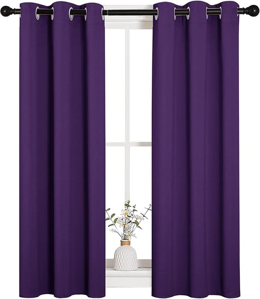 NICETOWN Thermal Insulated Blackout Draperies Curtains, Triple Weave Home Decoration Solid Ring Top Blackout Drape Panels for Bedroom (Set of 2, 29 x 45 Inch, Royal Purple)