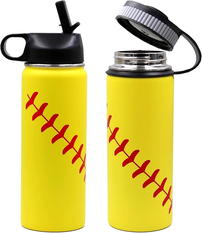 18 oz Softball Water Bottle, Sports Flask with 2 Lids 18/8 Stainless Steel Tumbler Double Wall Vacuum Insulated Metal Canteen Gift for Mom Men (18oz, Yellow Softball)