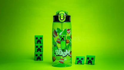 Zak Designs Minecraft Water Bottle For School or Travel, 25 oz Durable Plastic Water Bottle With Straw, Handle, and Leak-Proof, Pop-Up Spout Cover (Creeper)