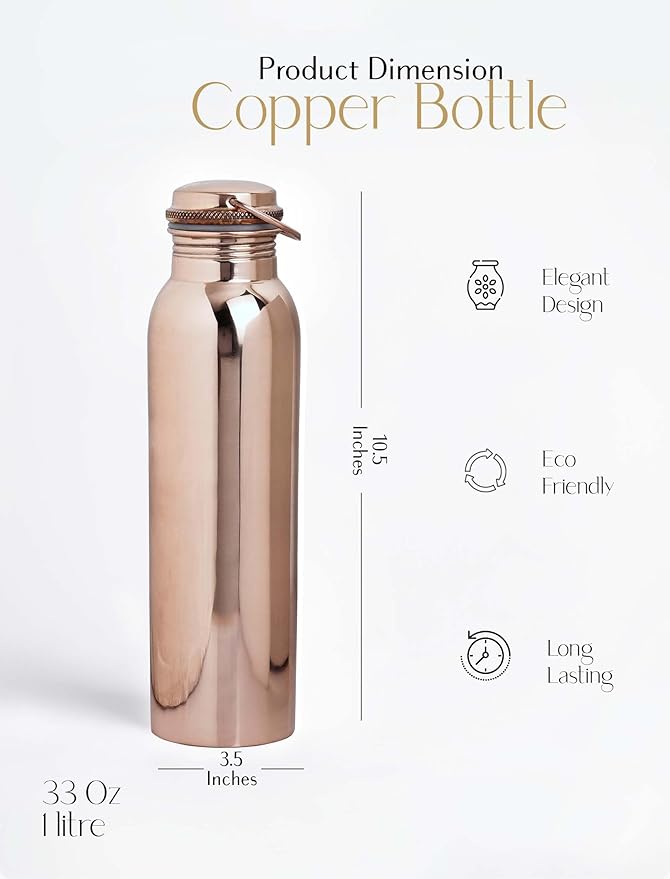 Copper Water Bottle With 2 Water Glasses - Copper Bottle for Drinking Water - 100% Copper Water Bottle - Home Essentials for New Home - Ayurvedic Pure Copper Vessel for Drinking Healthy Water