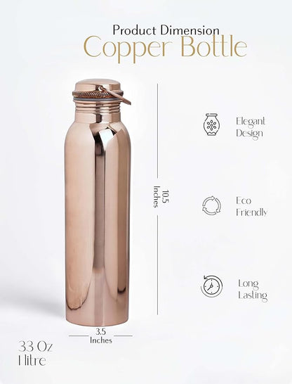 Copper Water Bottle With 2 Water Glasses - Copper Bottle for Drinking Water - 100% Copper Water Bottle - Home Essentials for New Home - Ayurvedic Pure Copper Vessel for Drinking Healthy Water