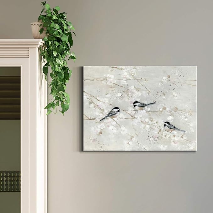 Renditions Gallery Canvas Nature Wall Art Home Paintings & Prints Elegant Little Birds Glam Romantic Abstract Modern Botanical Artwork Decor for Bedroom Office Kitchen - 12"x18" LT33