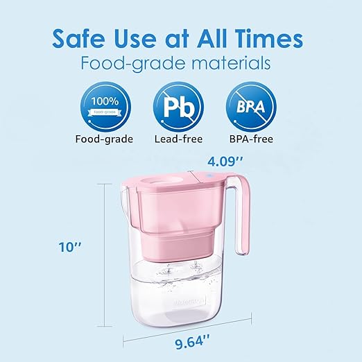 Waterdrop Water Filter Pitcher with 4 Filter, 5X Times Lifetime, Lasts 200 Gallons, for Fridge and Kitchen, Reduces PFOA/PFOS, Chlorine, 7-Cup Capacity, Elfin, Pink