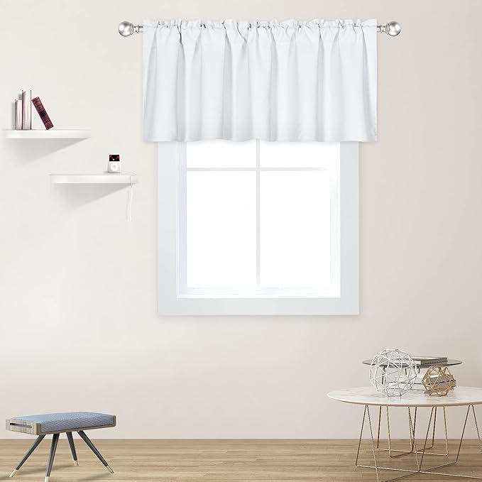 White Valance for Windows 52x18 Inch Solid Thermal Insulated Blackout Rod Pocket Kitchen Short Curtain Toppers Valance for Bathroom Living Room 1 Panel