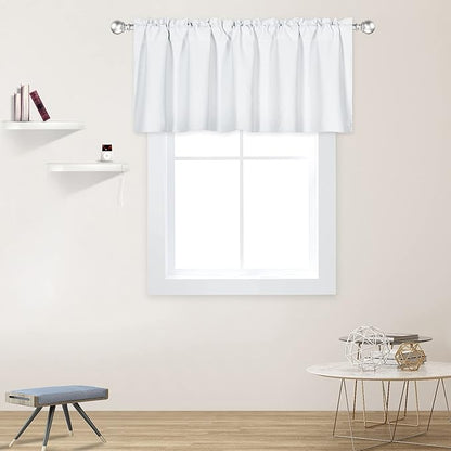 White Valance for Windows 52x18 Inch Solid Thermal Insulated Blackout Rod Pocket Kitchen Short Curtain Toppers Valance for Bathroom Living Room 1 Panel