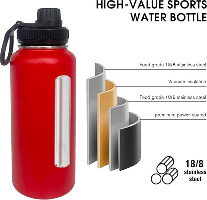 1pack 32 oz Insulated Water Bottle With Straw, Stainless Steel Sports Water Cup Flask with 2 Lids, Wide Mouth Travel Thermal Mug,Red