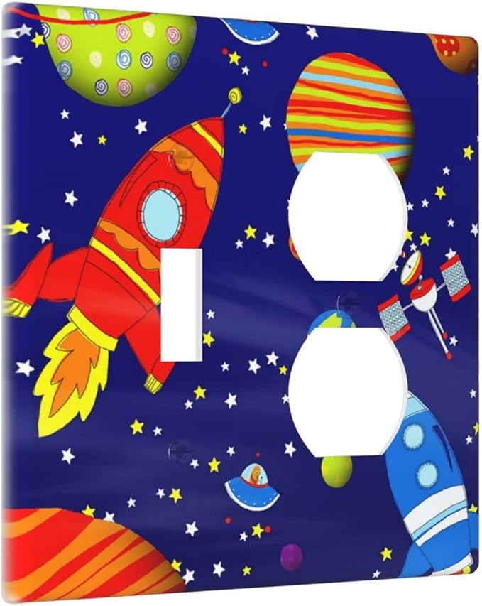 Space Astronaut Combo Single Toggle 1 Duplex Outlet Light Switch Wall Plate Cover Decorative 2-Gang for Electrical Boys Kids Room Bathroom Bedroom Home Kitchen One Receptacle 4.5" x 4.6"