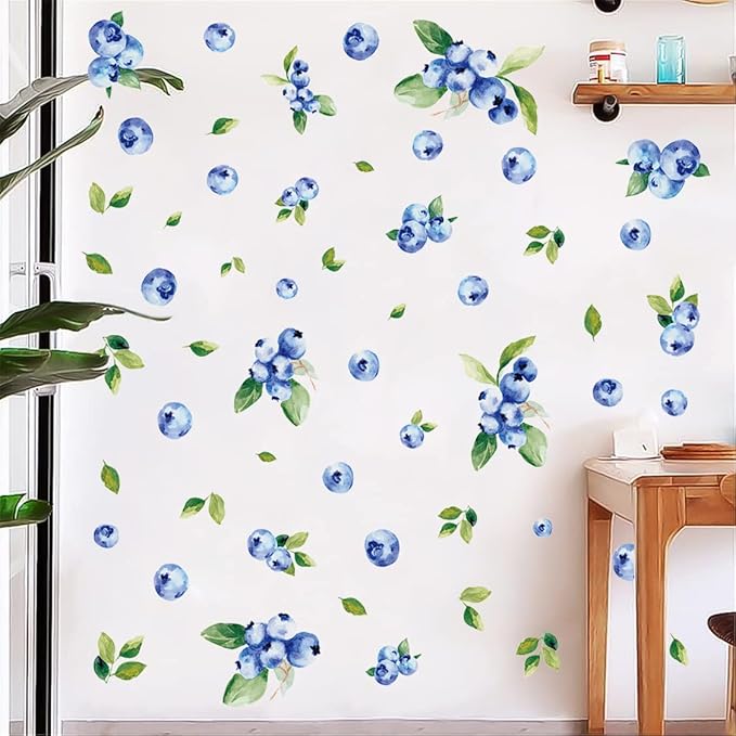 Bamsod Blueberry Wall Decals Removable Boho Wall Stickers Peel Stick Flower Fruit Wall Decals Fresh Fruit Wall Stickers for Baby Nursery Kids Bedroom Living Room Home Kitchen (Blueberry)