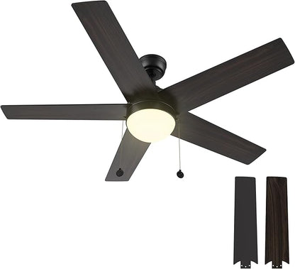 52 Inch Black Pull Chain Ceiling Fan with 2 in 1 Reversible Blade, 3-color LED Light, 5 Speeds Quiet Reversible DC Motor, 5 Plywood Blades Modern Ceiling Fan for Living Room, Bedroom, Kitchen