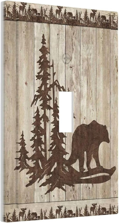 Rustic Wood Bear Forest 1 Gang Light Switch Cover Decorative Vintage Antique Cabin Single Toggle Wall Plate Switchcovers Electrical Switchplate Home Decor for Farmhouse Living Room Bedroom Decorate