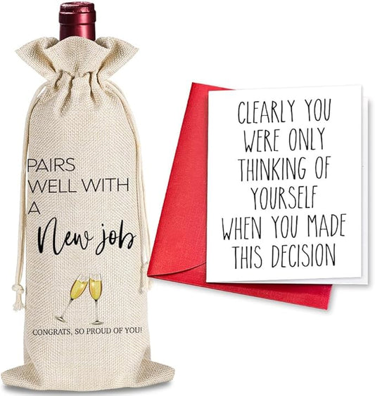 YAANUNULU New Job Gifts for Coworkers, Colleague Going Away Gifts for Women Men, Congrats on New Job, Promotion Gift, Pairs Well With a New Job Wine Bag, 1 Wine Bag With 1 Funny New Job Card