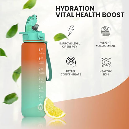 1L Water Bottle with Straw - Leak-Proof & BPA Free Reusable Sports Bottle - Motivational Time Markings for Hydration Durable Drink Bottle for Gym, Sports, Outdoor (Orange and Green)