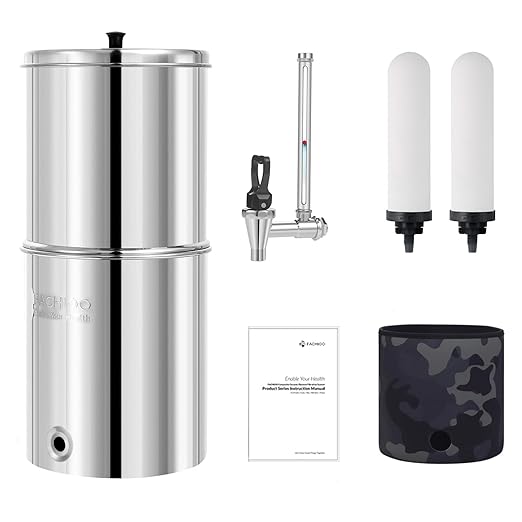 2.25G Gravity Water Filter System, 304 Stainless Steel Countertop System with 2 Ceramic Filters and Stainless Steel Spigot, Reduce Chlorine, for Home, Camping, RVing, Off-Grid, Emergencies