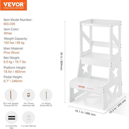 VEVOR Toddler Step Stool, Natural Pine Wood Kids Kitchen Stool Helper with Safety Rail & 150LBS Loading Capacity, Standing Tower Learning Stool for Bedroom Bathroom Kitchen Counter, White