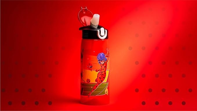 Zak Designs Miraculous Ladybug Water Bottle For School or Travel, 25 oz Durable Plastic Water Bottle With Straw, Handle, and Leak-Proof, Pop-Up Spout Cover