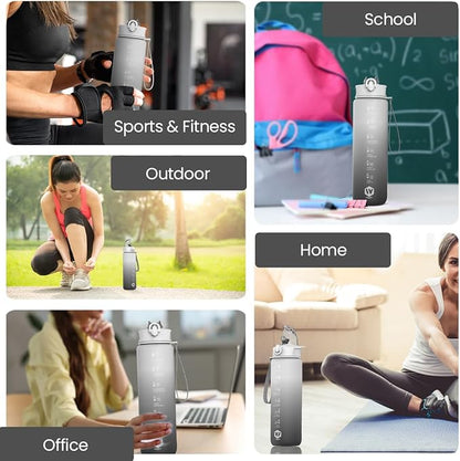 1L Water Bottle with Straw - Leak-Proof & BPA Free Reusable Sports Bottle - Motivational Time Markings for Hydration Durable Drink Bottle for Gym, Sports, Outdoor (Grey and Black)