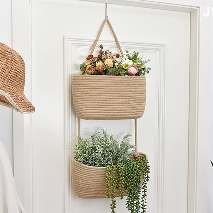 TeoKJ Over the Door Hanging Basket, 2-Tier Woven Cotton Wall-Mounted Storage Organizer Bag Decorative Hanging Kitchen Baskets - Jute