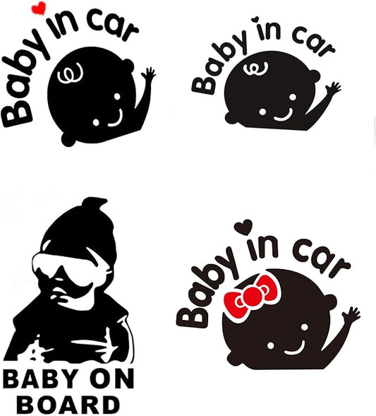 【Baby in Car 】Stickers for Car & 【Baby on Board 】Decals for Cars, Baby Safety Car Signs, Funny Baby Car Stickers (4Pcs Black)