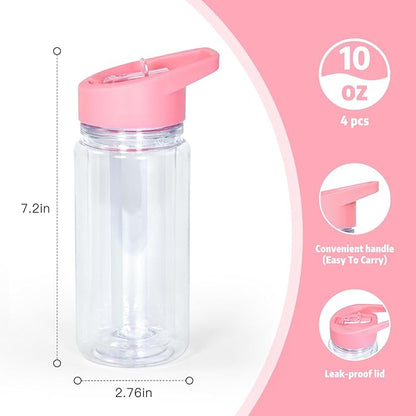 10oz Double Wall Clear Water Bottle Bulk Plastic Snow Globe Tumbler with Handle Lid, 4 Pack Acrylic Pre-Drilled Hole With Stopper Sippy Snow Globe Kid Water Bottle for Scool Sport DIY Gift, Pink